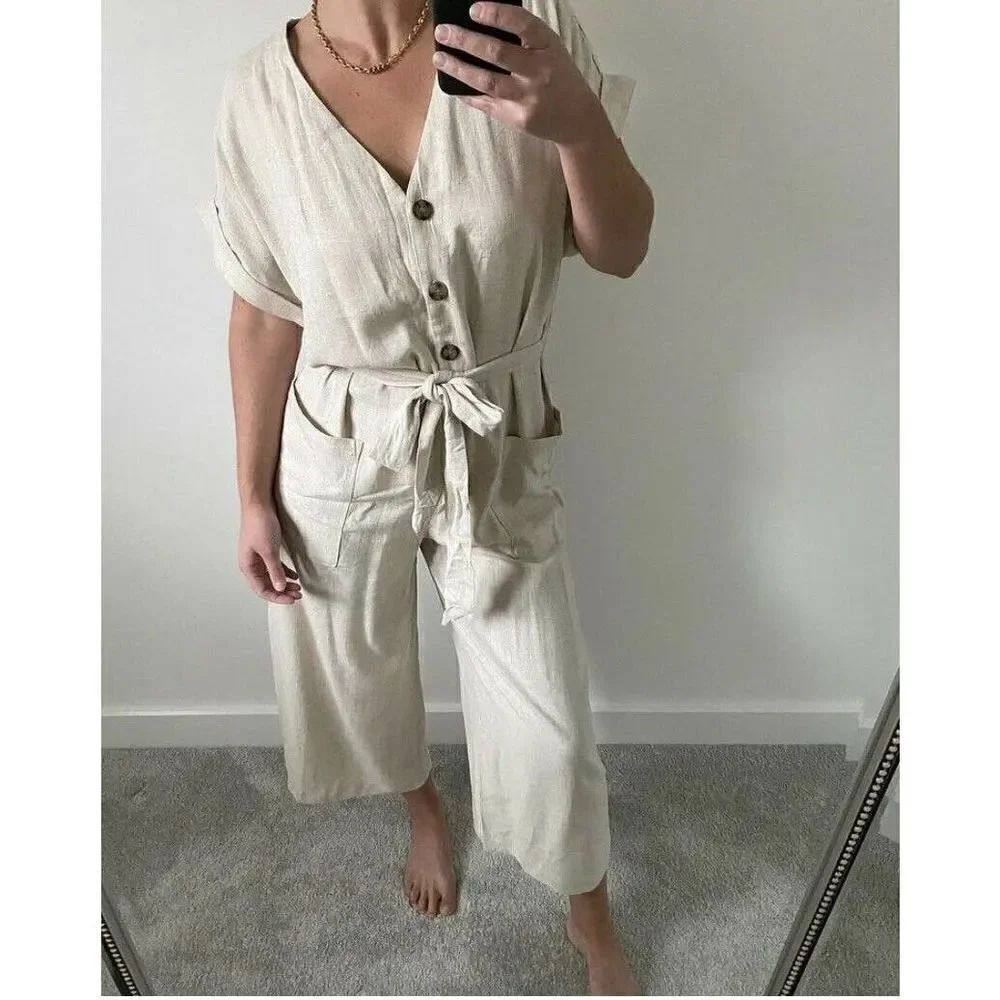 H&M Linen Viscose Blend Jumpsuit Overalls Beige